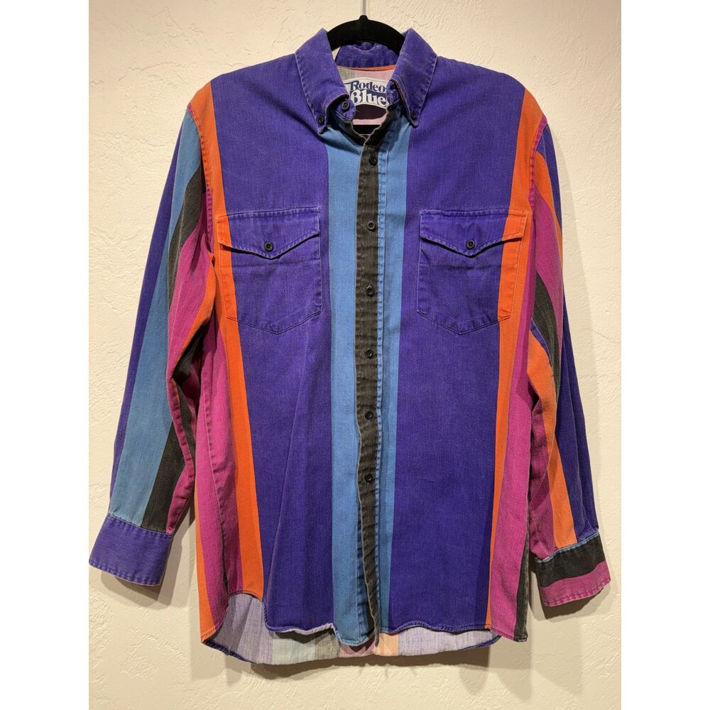 Vintage 90s Rodeo Blue by Roper Striped Colorblock Western Shirt Men Size Medium